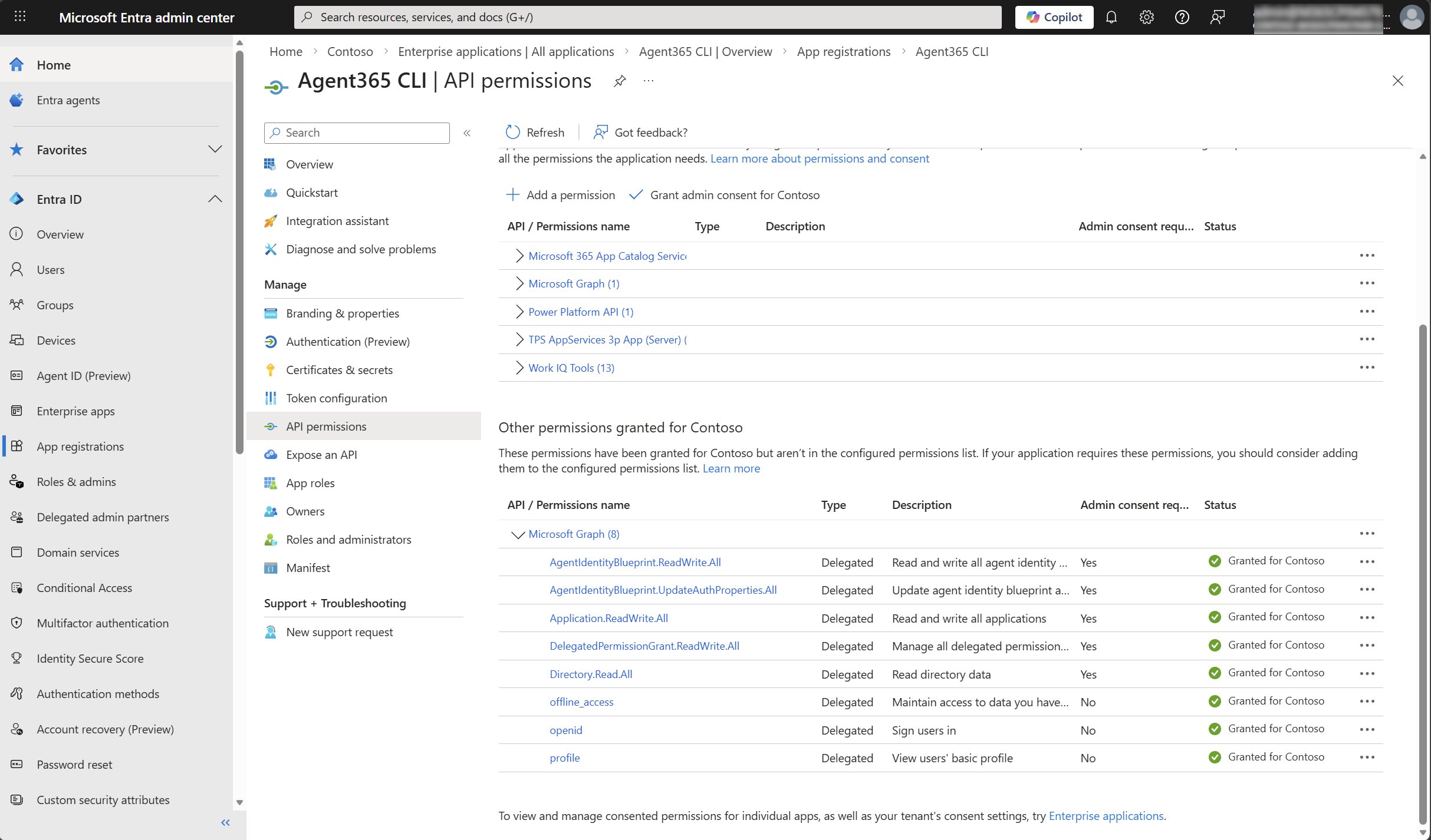 API permissions list showing the five delegated Microsoft Graph permissions