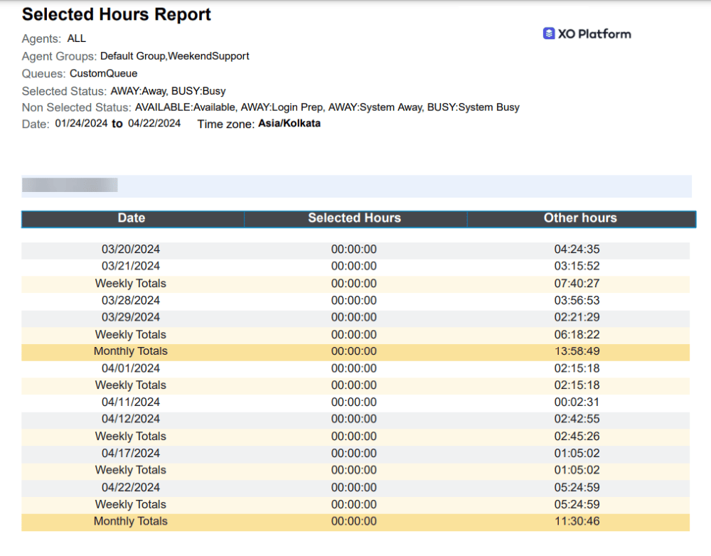 Selected Hours Report Output