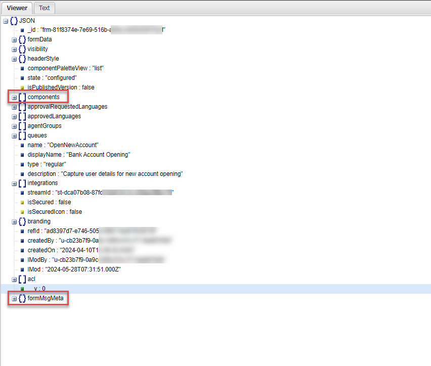 Components and Metadata sections in the JSON viewer