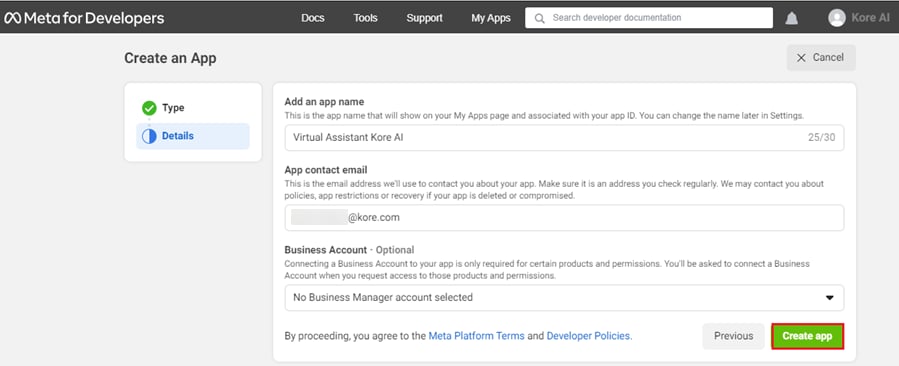 Facebook create app