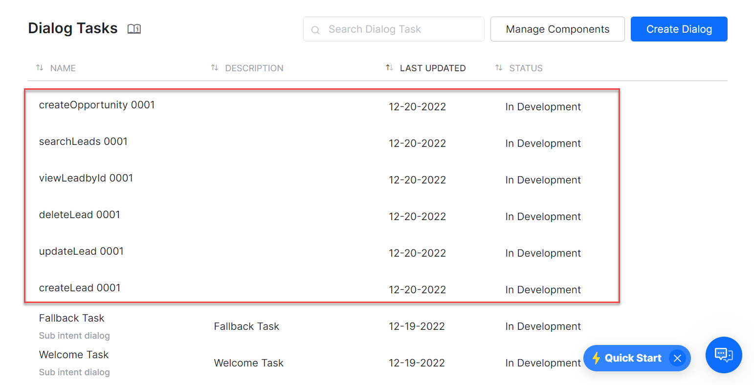 Dialog tasks for each template
