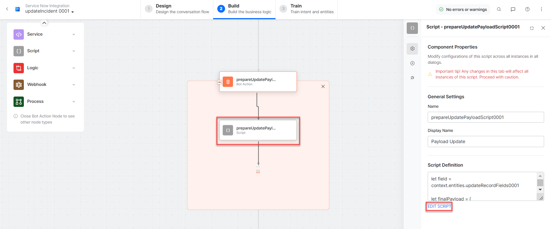 prepareUpdatePayloadScript bot action component properties