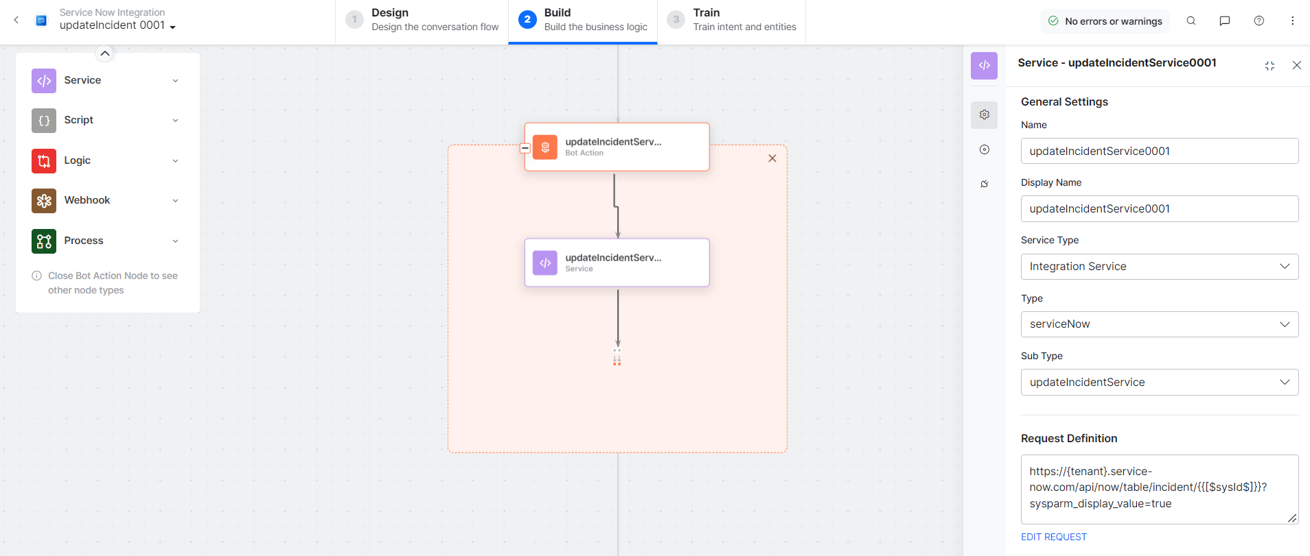 updateIncidentService bot action component properties