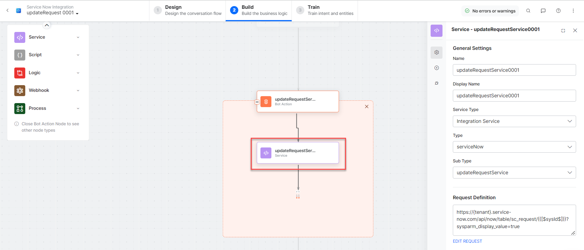 updateRequestScript bot action component properties