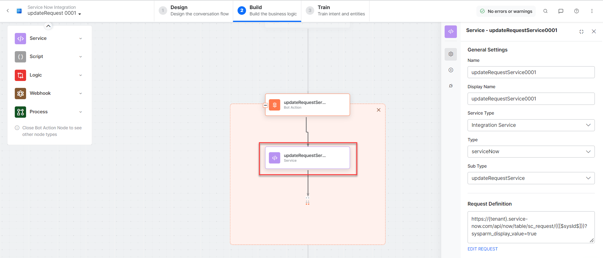 updateRequestScript bot action component properties