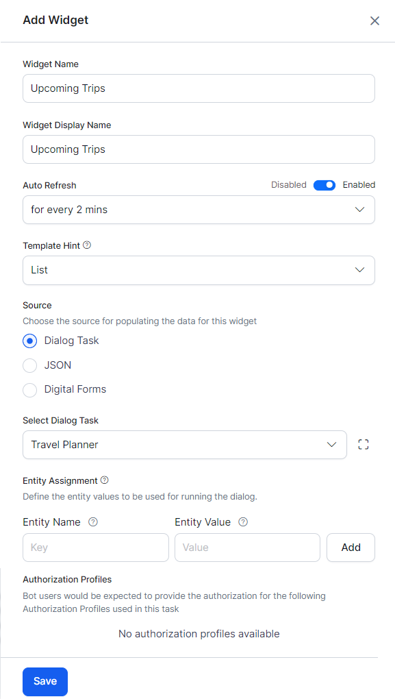 new widget dialog