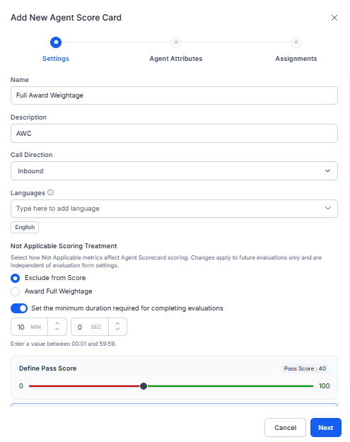 Agent Scorecards Settings