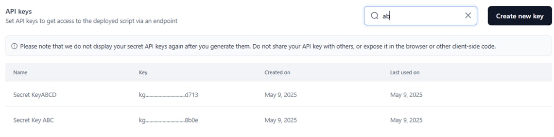 api keys list