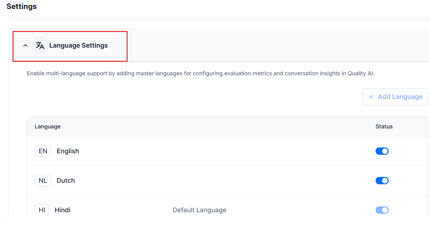 Language Settings Collapse Menu
