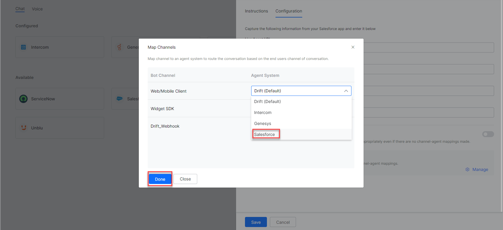 Map channels to Salesforce agent
