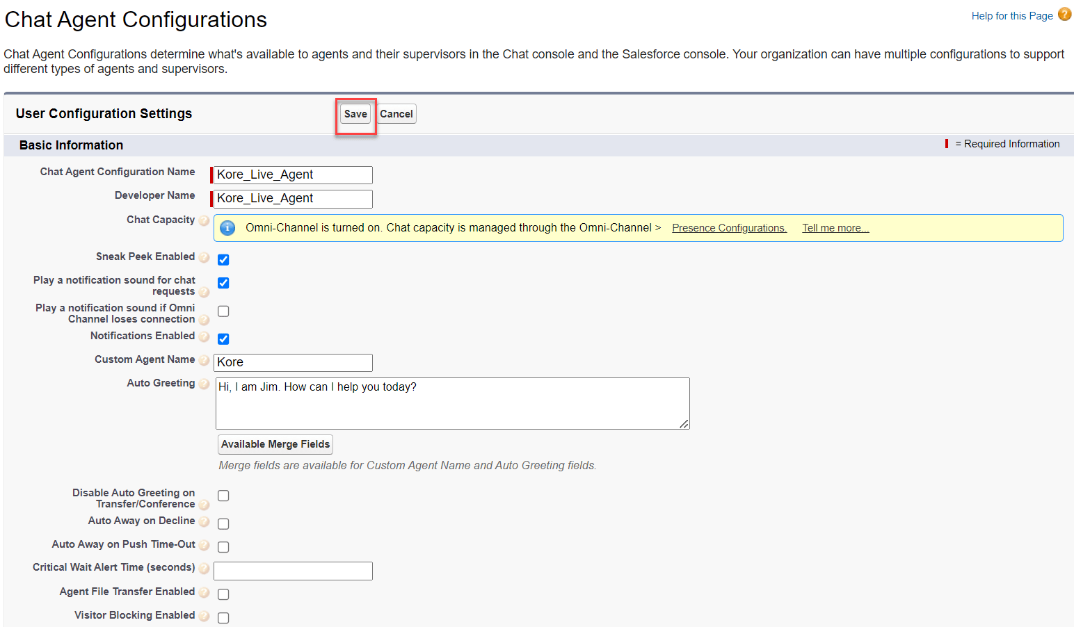 Save Live Agent configuration