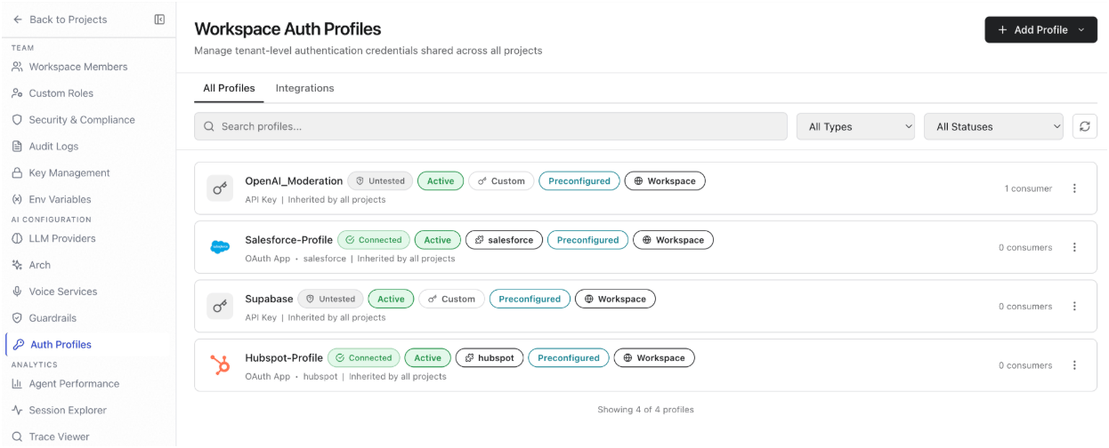 Auth Profiles page