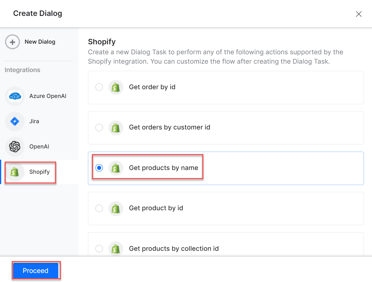 Select desired dialog task and proceed