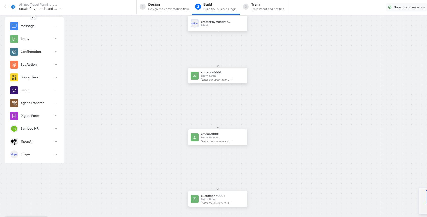 Create a Payment Intent dialog task is added