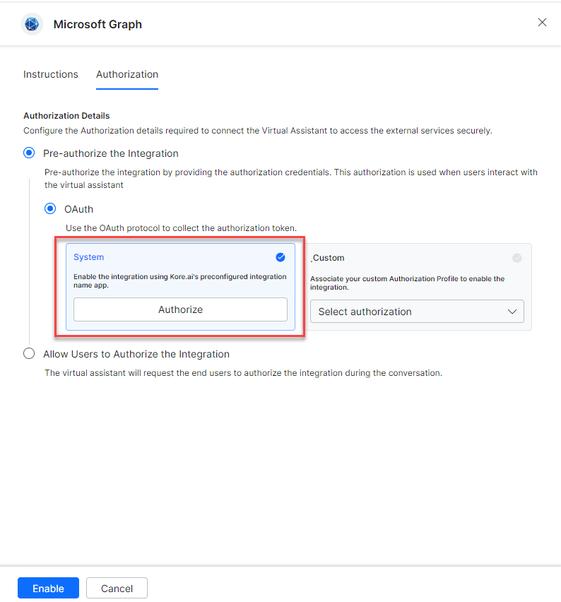 Enable the Kore.ai's preconfigured Microsoft Graph app