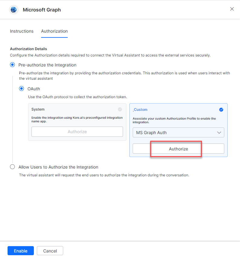 Select auth profile to enable integration