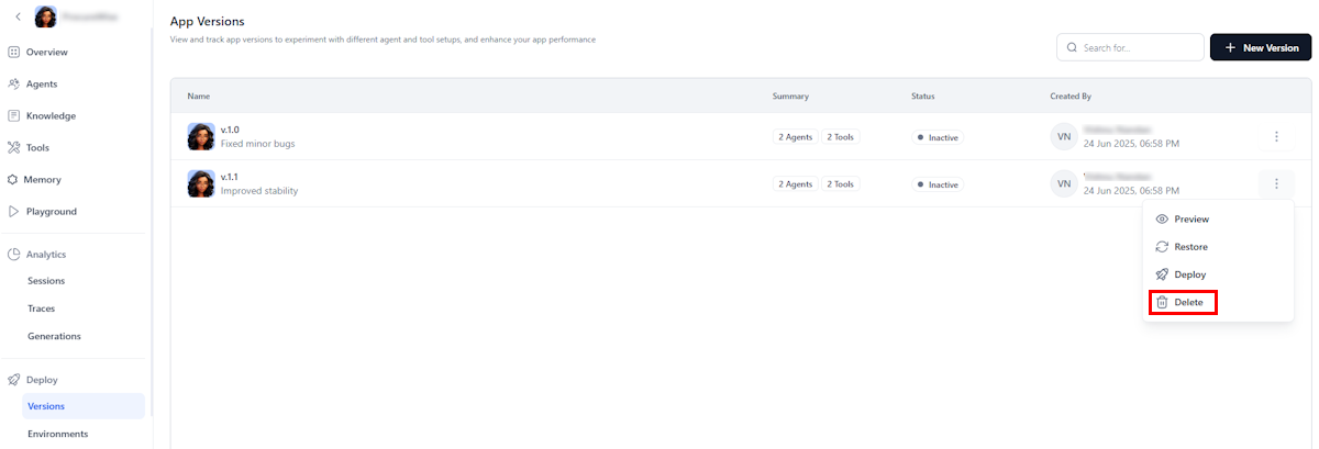 Delete version Delete version