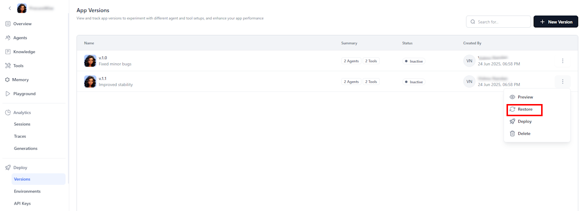 Restore version Restore version