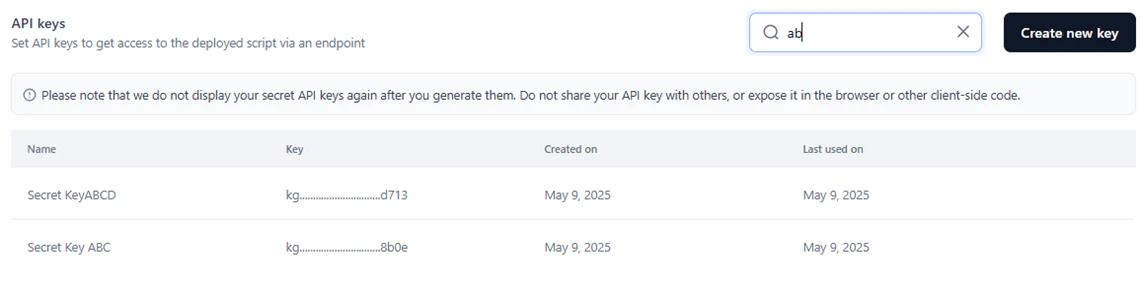 api keys list