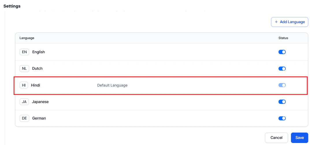 Default Language Status