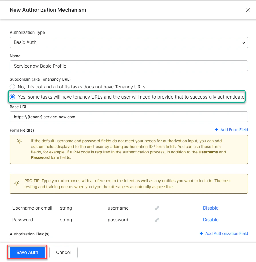 Auth credentials