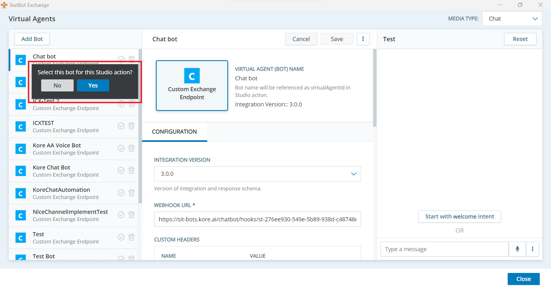 Select bot for studio action