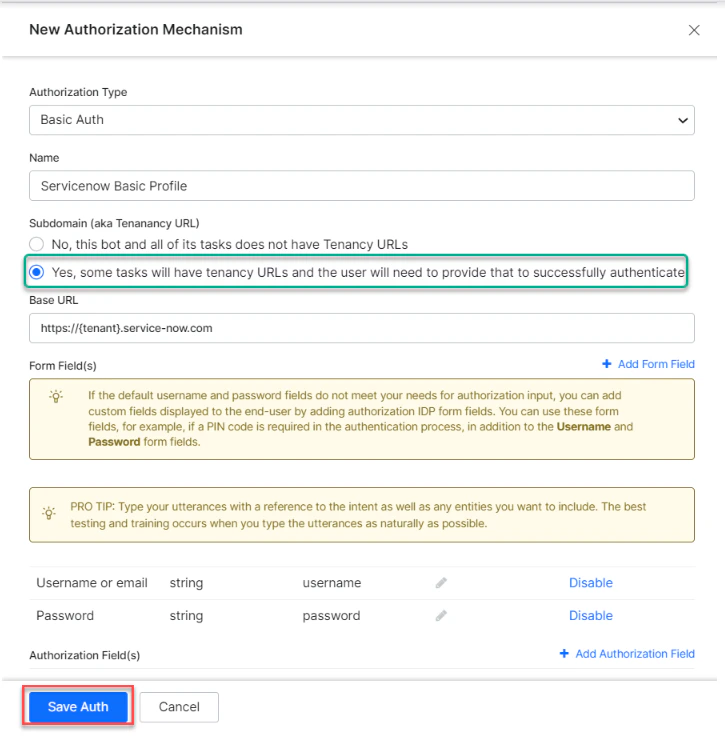 Auth credentials