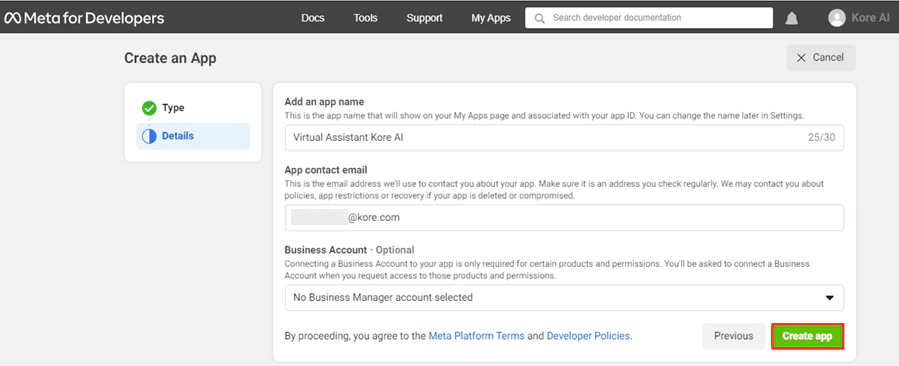 Facebook create app