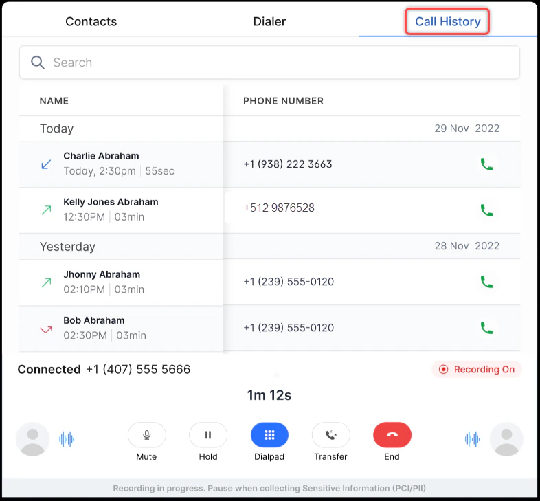 Call History Tab