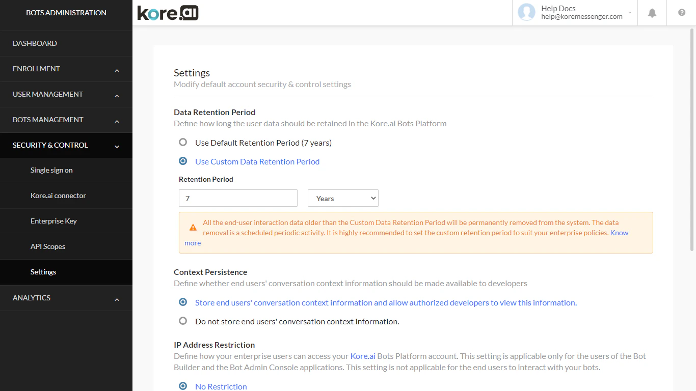Security Settings - Data Retention