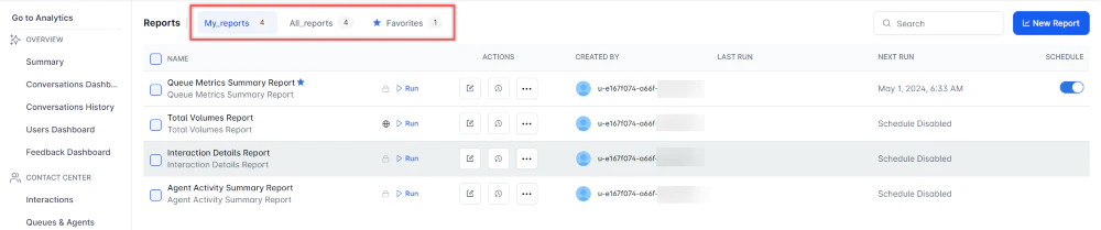 Reports Page Tabs