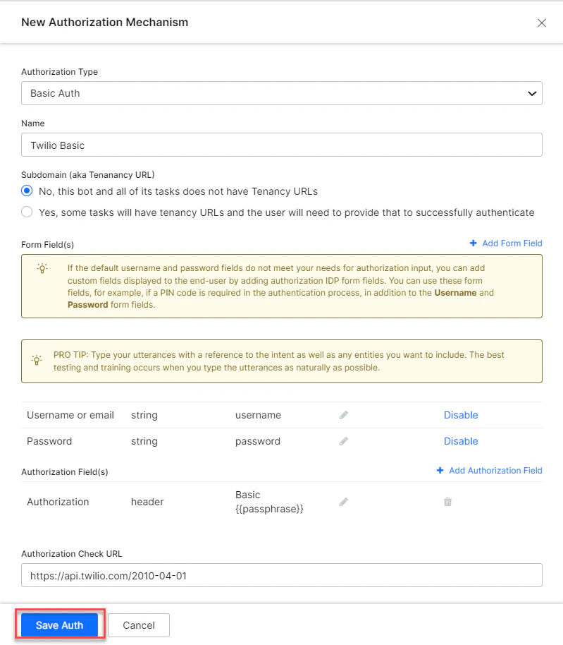 Save authorization profile