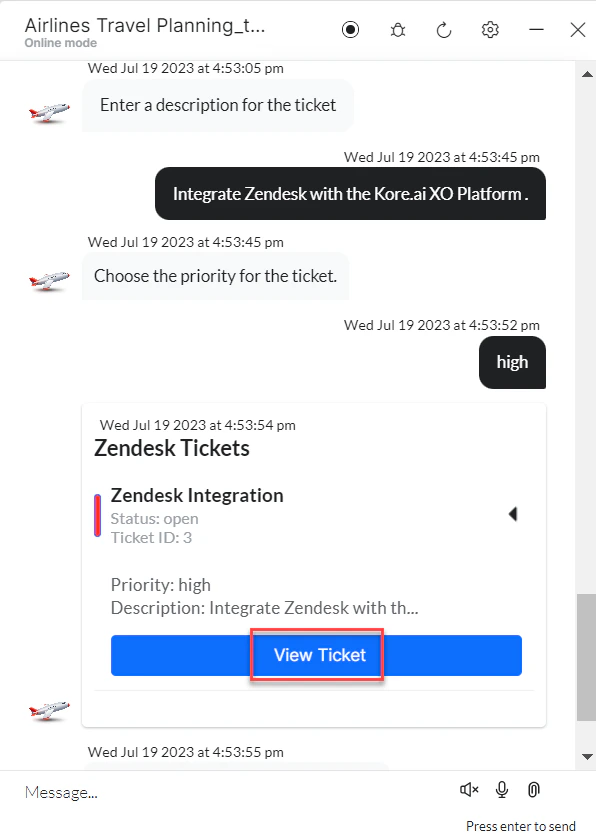 View the ticket details in the Zendesk instance