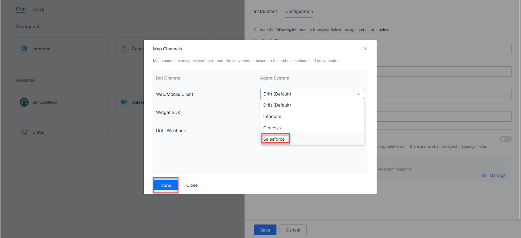 Map channels to Salesforce agent