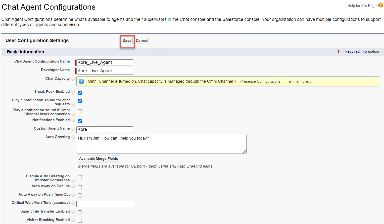 Save Live Agent configuration