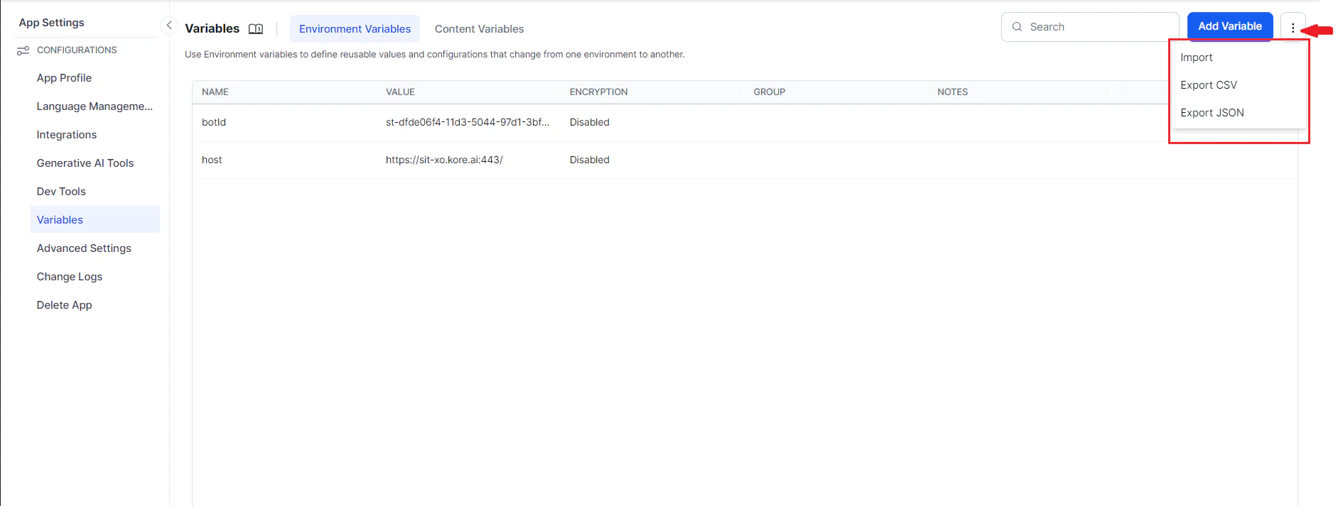 Bot variable import/export