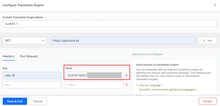 Configure Translation Engine - Value