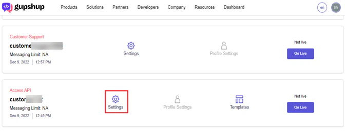 enter gupshup settings