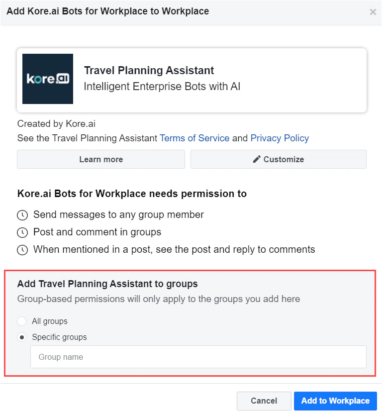 add workplace facebook channel