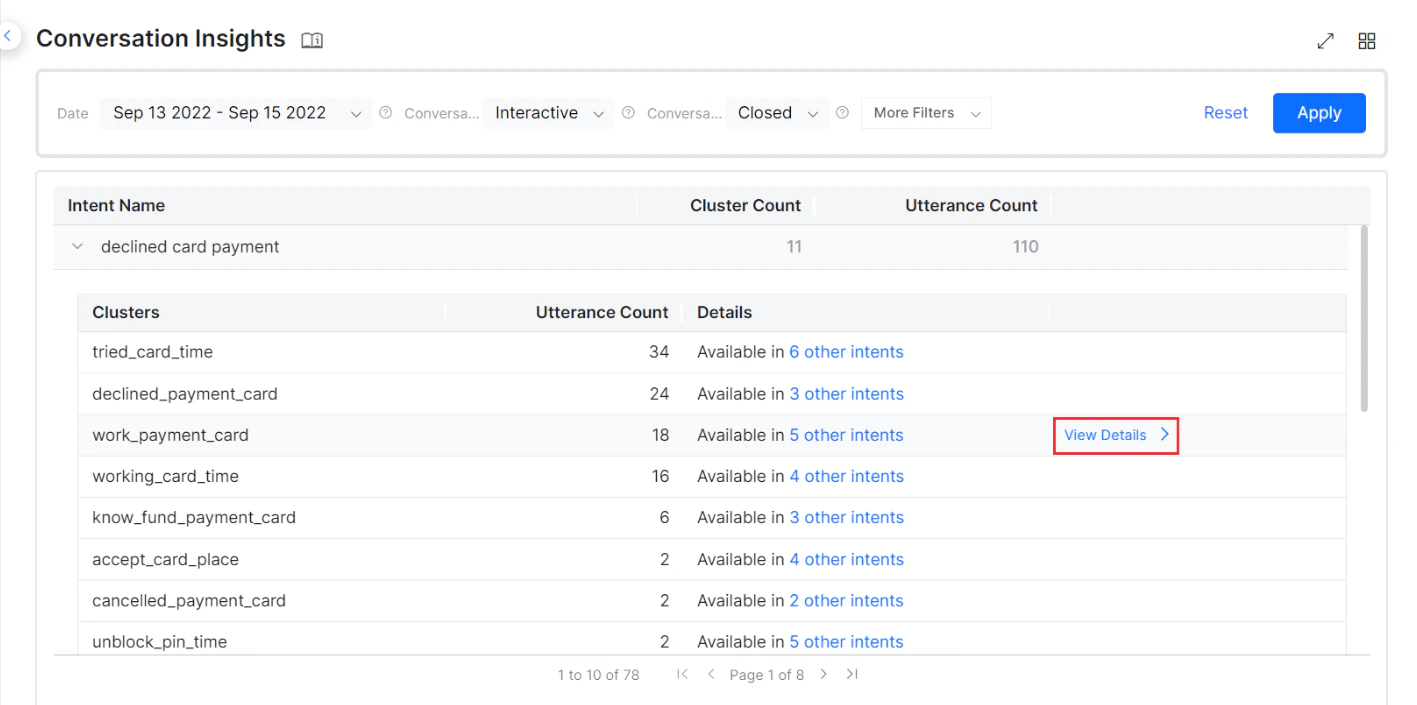 Conversation Insights Cluster View Link
