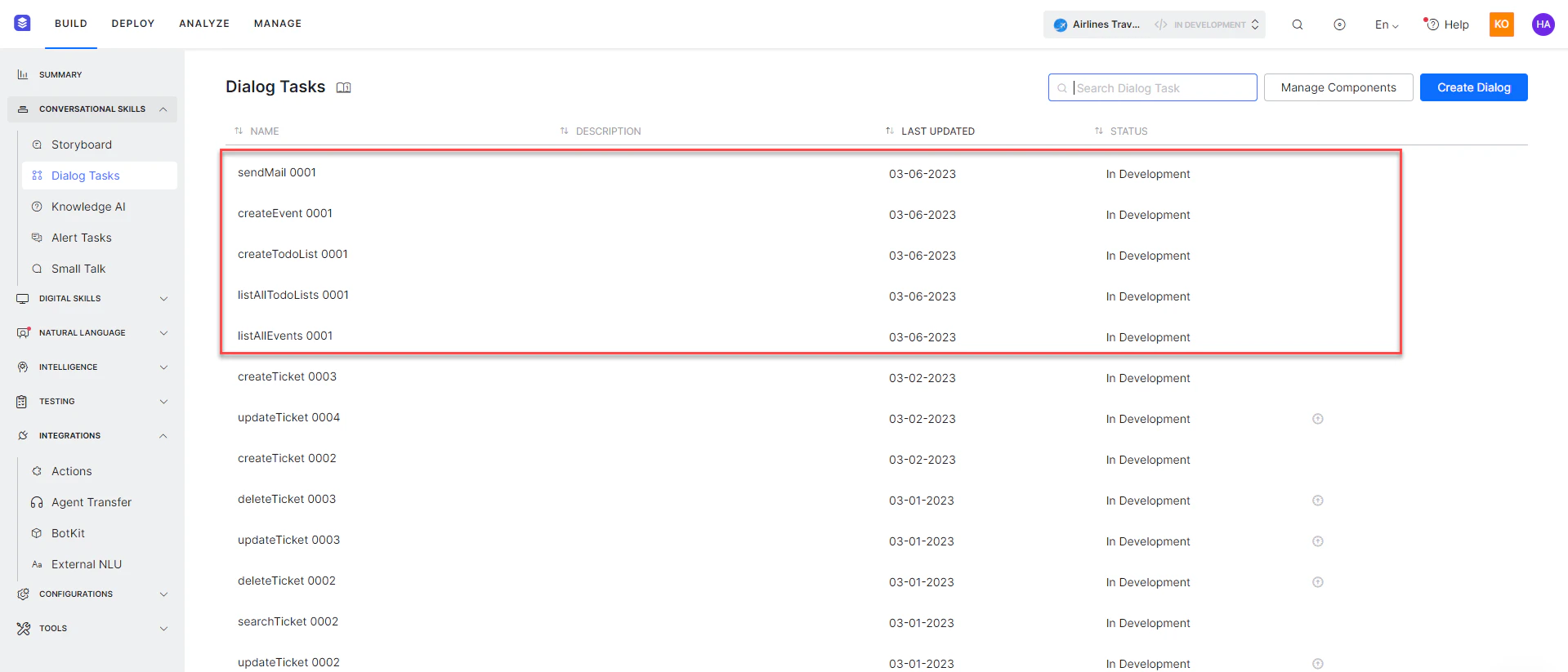 Dialog task for each template