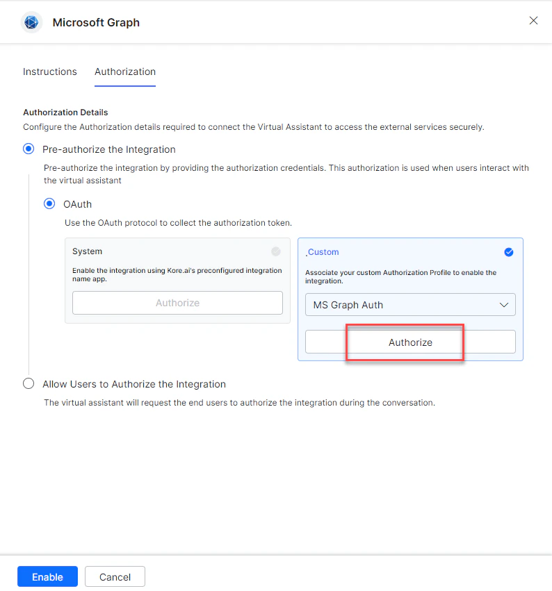 Select auth profile to enable integration