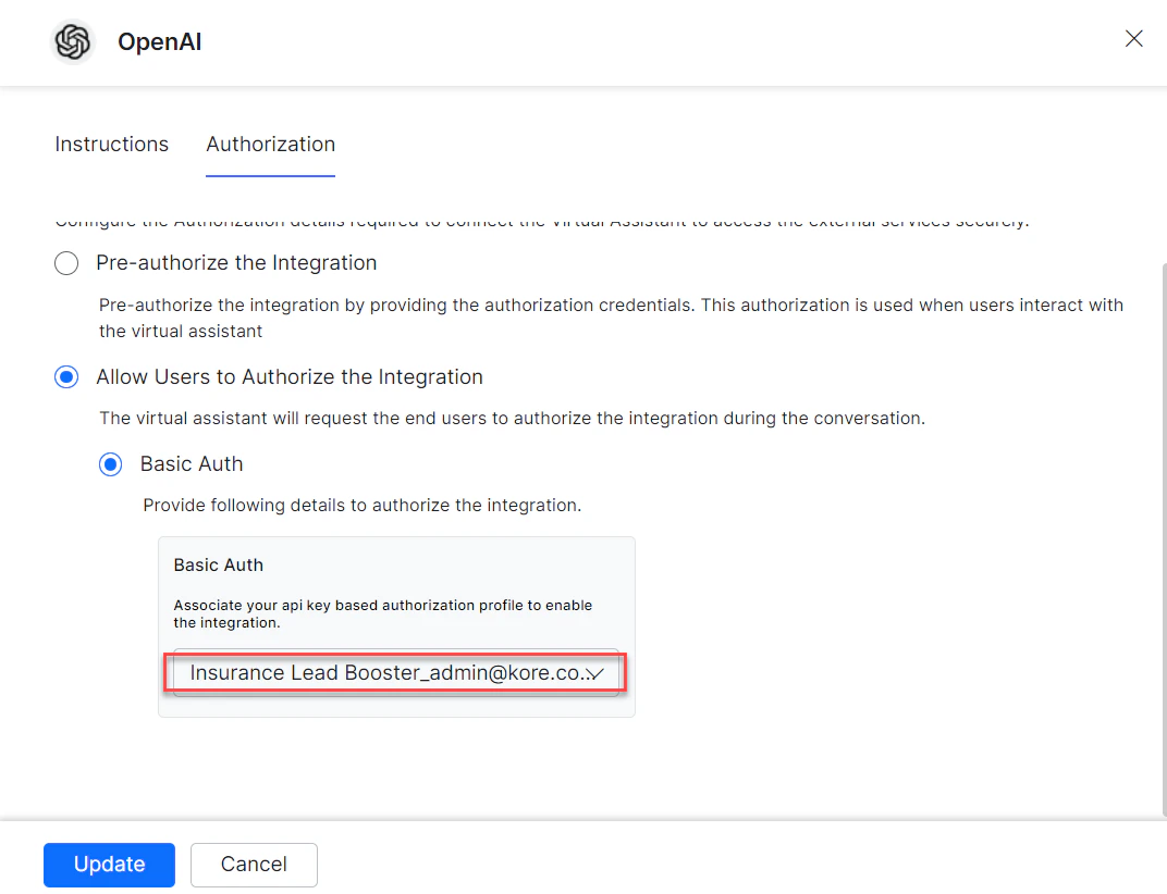 Select auth profile to complete integration