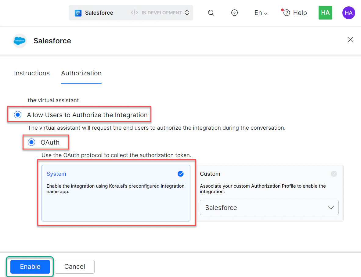 Kore.ai's preconfigured Salesforce app