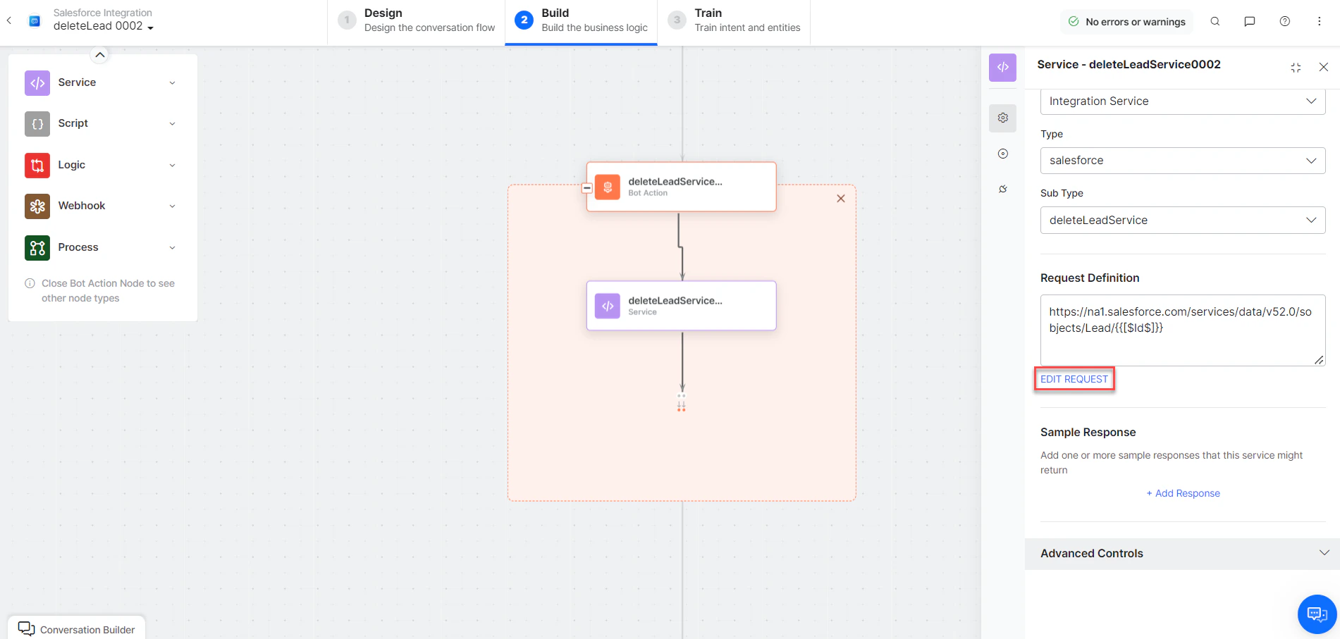 deleteLeadService bot action component properties