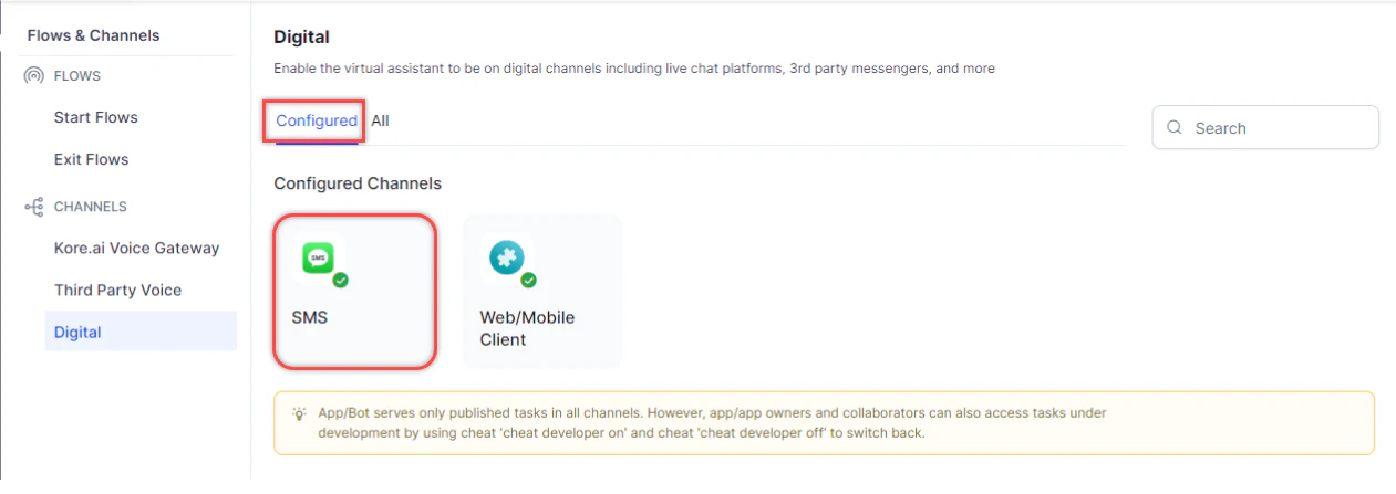 SMS Channel Configured