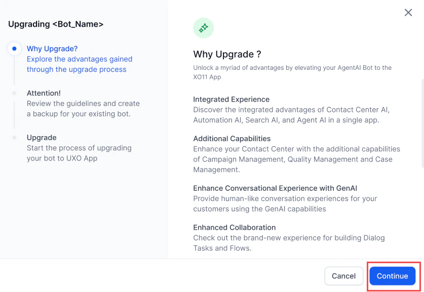 Continue to Upgrade Pop-up