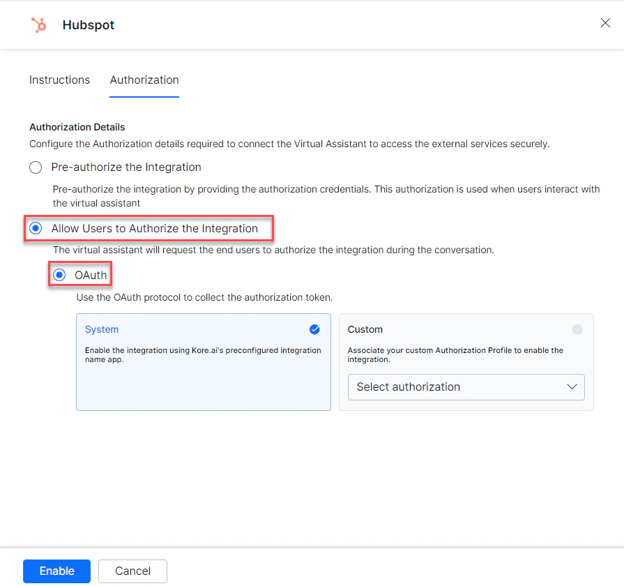 Enable integration-authorization link sent to user