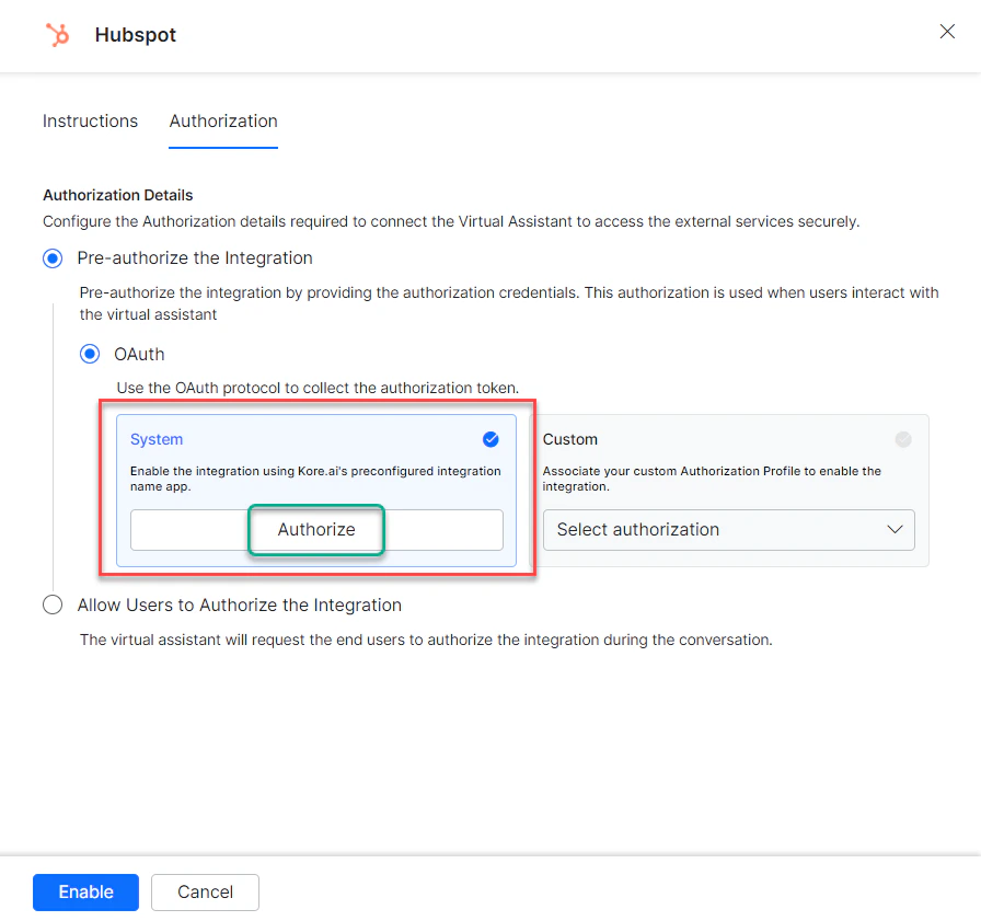 Authorize Kore.ai's preconfigured HubSpot app