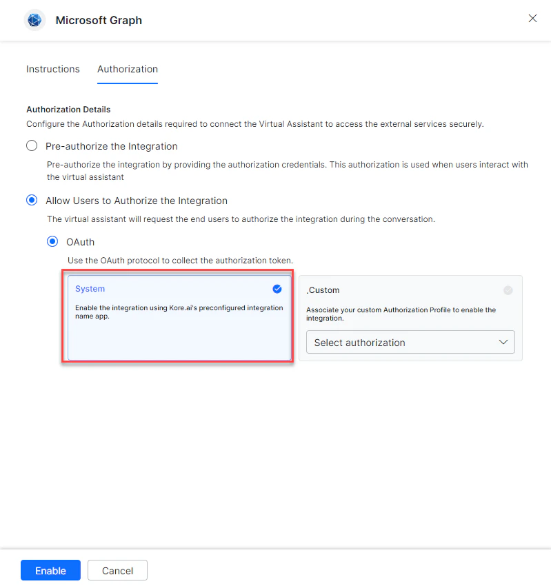 Enable the Kore.ai's preconfigured Microsoft Graph